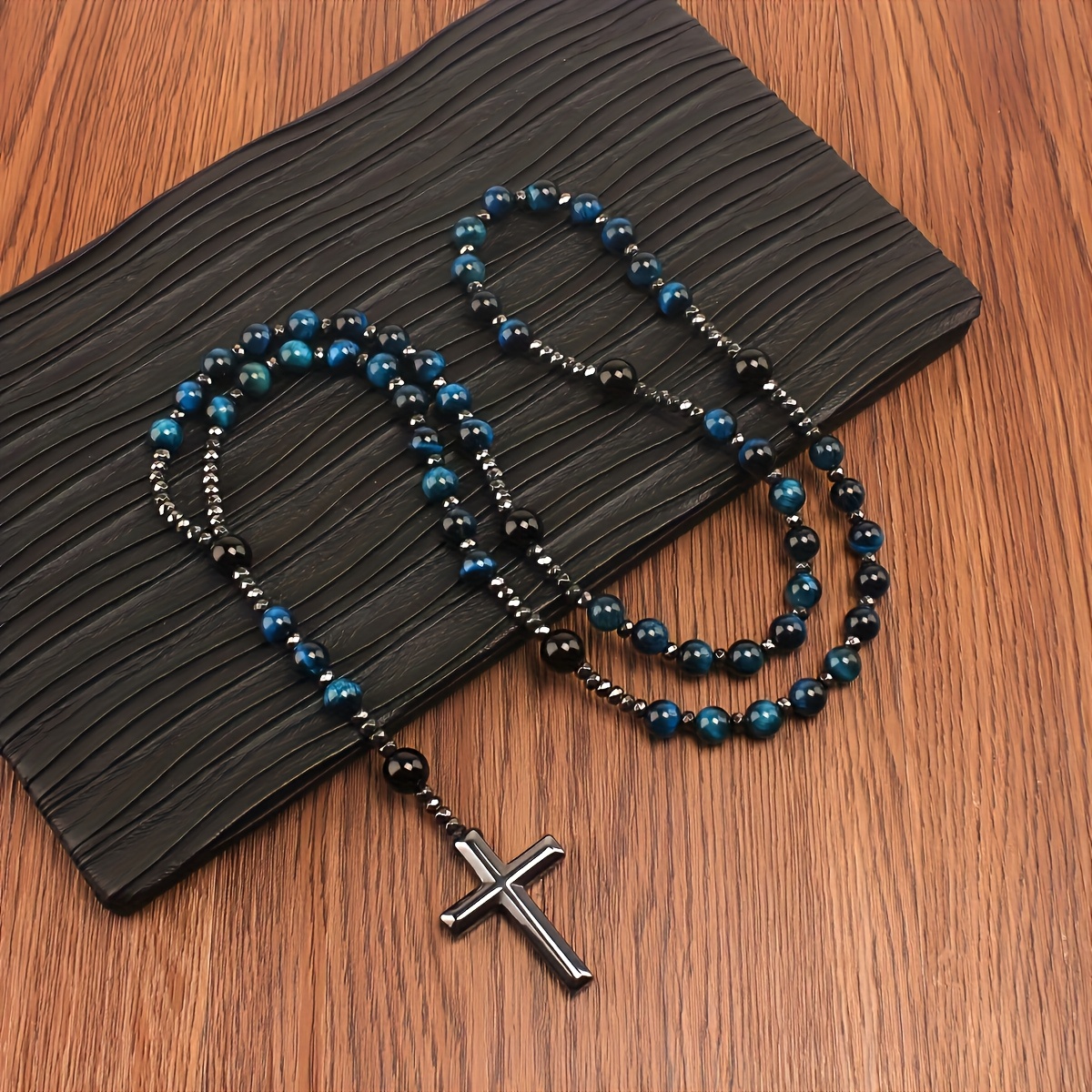 Blue Tiger Eye Cross Pendant Necklace, Unisex